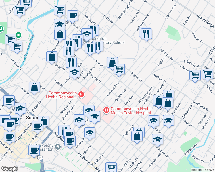 map of restaurants, bars, coffee shops, grocery stores, and more near 832 Madison Avenue in Scranton