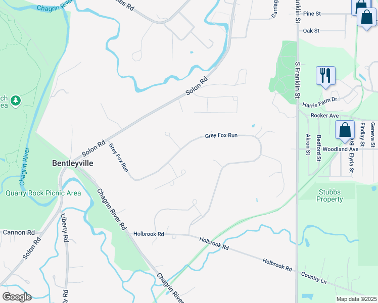 map of restaurants, bars, coffee shops, grocery stores, and more near 135 Grey Fox Run in Bentleyville