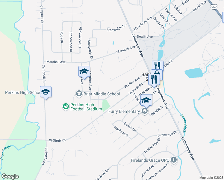 map of restaurants, bars, coffee shops, grocery stores, and more near 305 Schiller Avenue in Sandusky