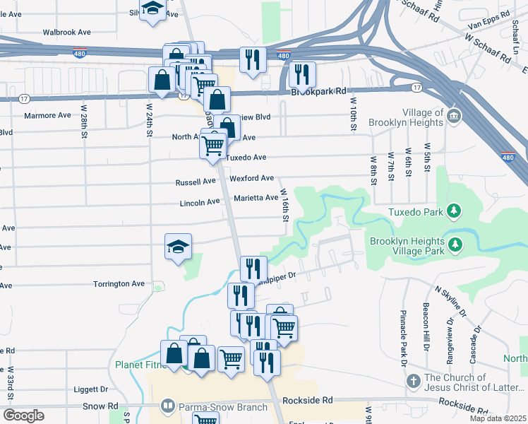 map of restaurants, bars, coffee shops, grocery stores, and more near 1707 Grovewood Avenue in Parma