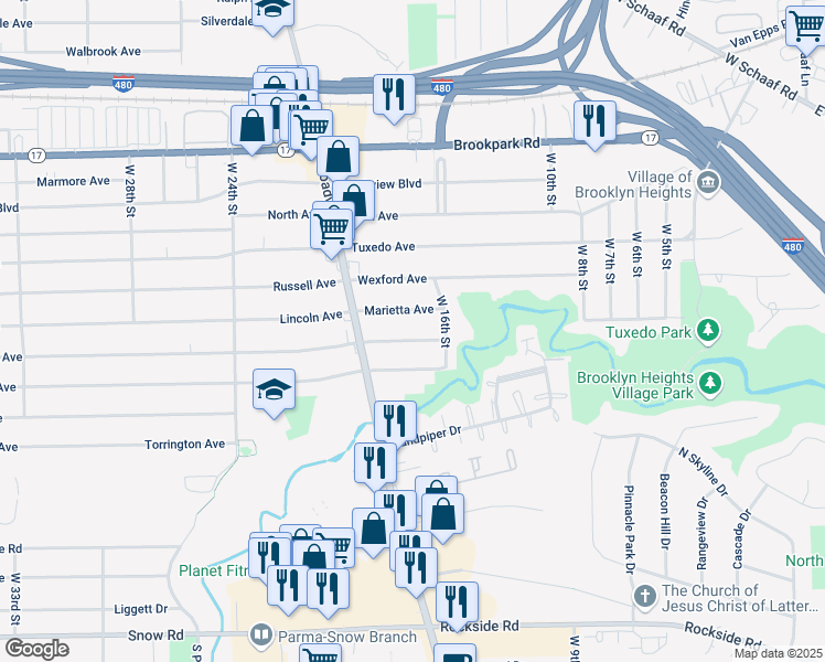 map of restaurants, bars, coffee shops, grocery stores, and more near 1707 Grovewood Avenue in Parma