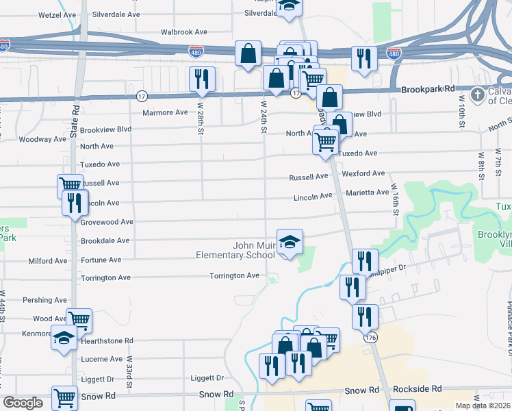 map of restaurants, bars, coffee shops, grocery stores, and more near 2414 Grovewood Avenue in Parma