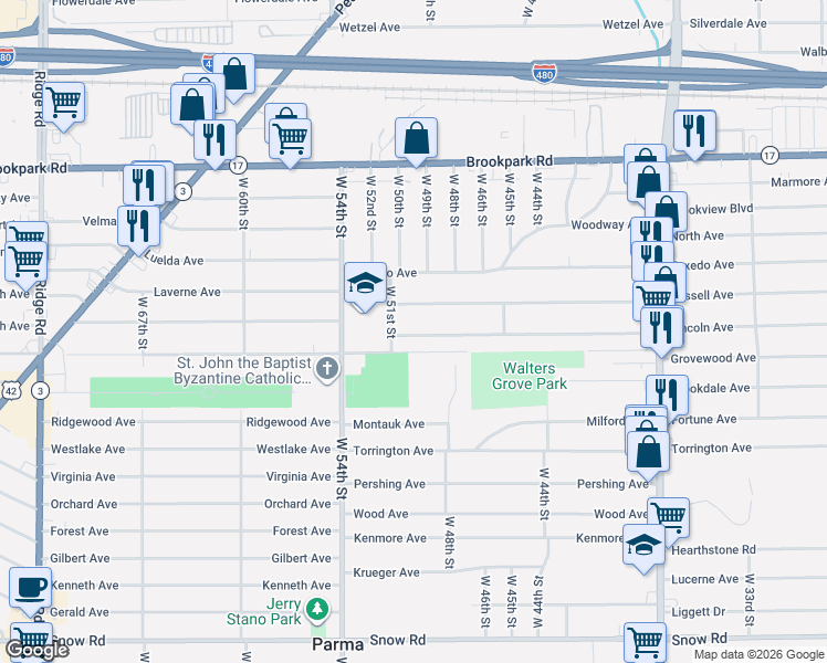 map of restaurants, bars, coffee shops, grocery stores, and more near 4915 Lincoln Avenue in Parma