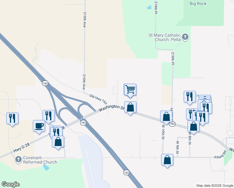 map of restaurants, bars, coffee shops, grocery stores, and more near 1301 West 12th Street in Pella