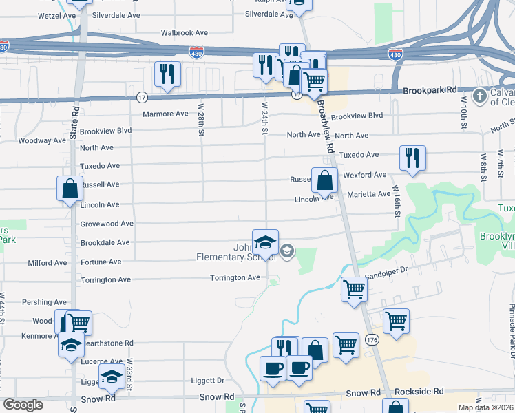 map of restaurants, bars, coffee shops, grocery stores, and more near 2414 Grovewood Avenue in Parma
