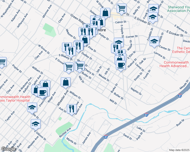 map of restaurants, bars, coffee shops, grocery stores, and more near 607 5th Street in Dunmore