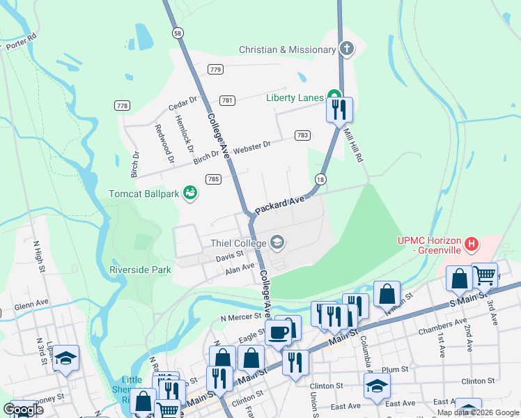 map of restaurants, bars, coffee shops, grocery stores, and more near 9 Packard Avenue in Greenville