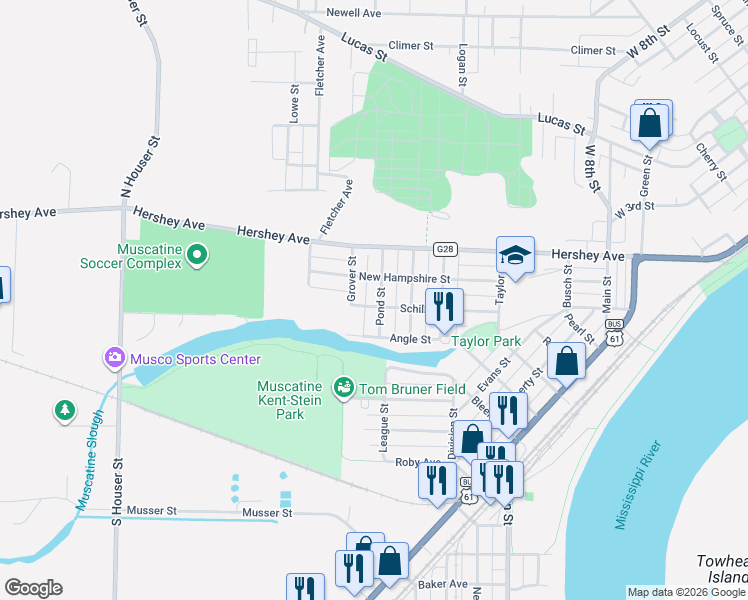 map of restaurants, bars, coffee shops, grocery stores, and more near 219 Pond Street in Muscatine