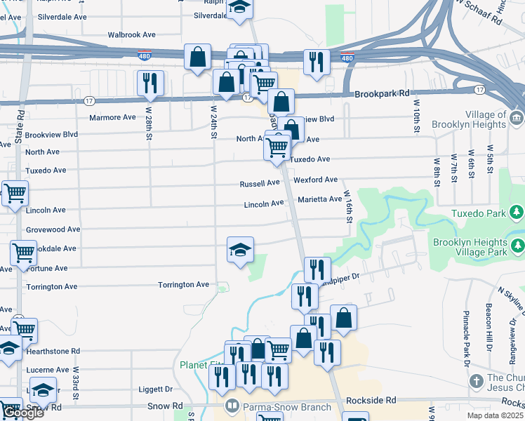 map of restaurants, bars, coffee shops, grocery stores, and more near 2128 Grovewood Avenue in Parma