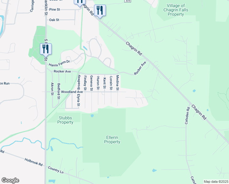 map of restaurants, bars, coffee shops, grocery stores, and more near 16757 Lorain Street in Chagrin Falls