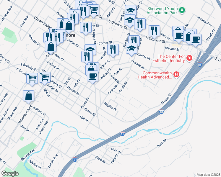 map of restaurants, bars, coffee shops, grocery stores, and more near 427 Smith Street in Dunmore