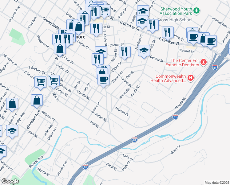 map of restaurants, bars, coffee shops, grocery stores, and more near 200 Somers Street in Dunmore