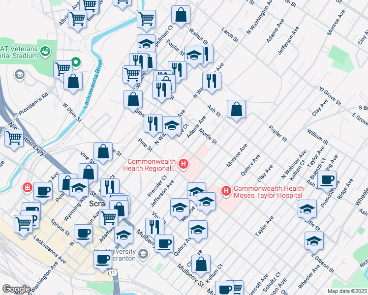 map of restaurants, bars, coffee shops, grocery stores, and more near in Scranton