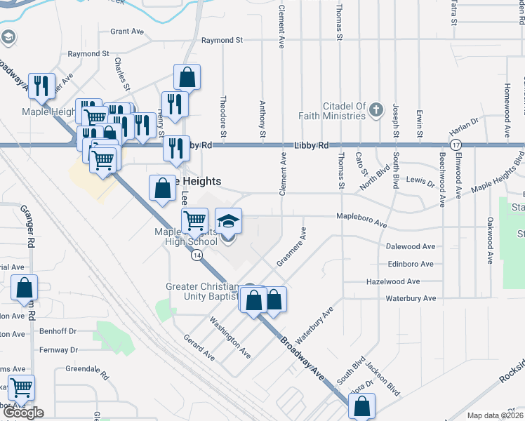 map of restaurants, bars, coffee shops, grocery stores, and more near 17017 Mapleboro Road in Maple Heights