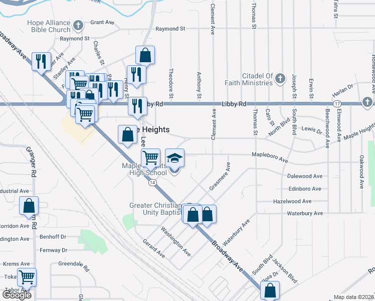 map of restaurants, bars, coffee shops, grocery stores, and more near 5465 West Boulevard in Maple Heights