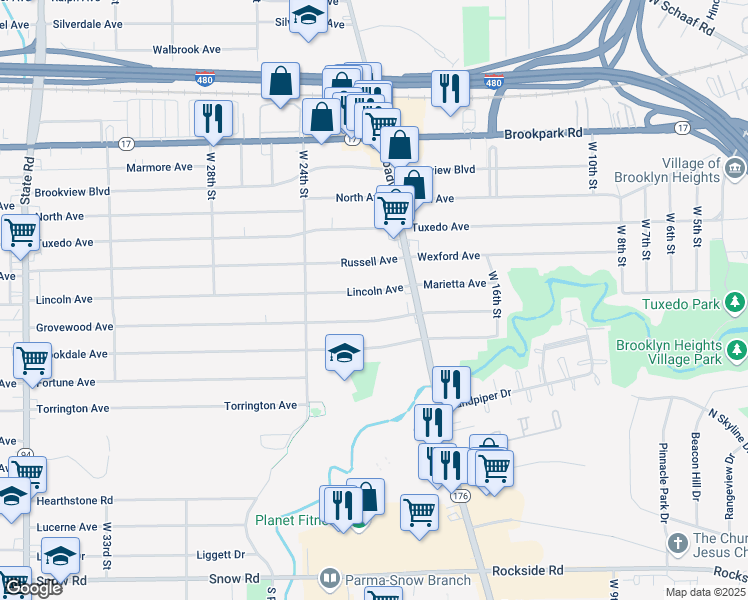map of restaurants, bars, coffee shops, grocery stores, and more near 2128 Grovewood Avenue in Parma