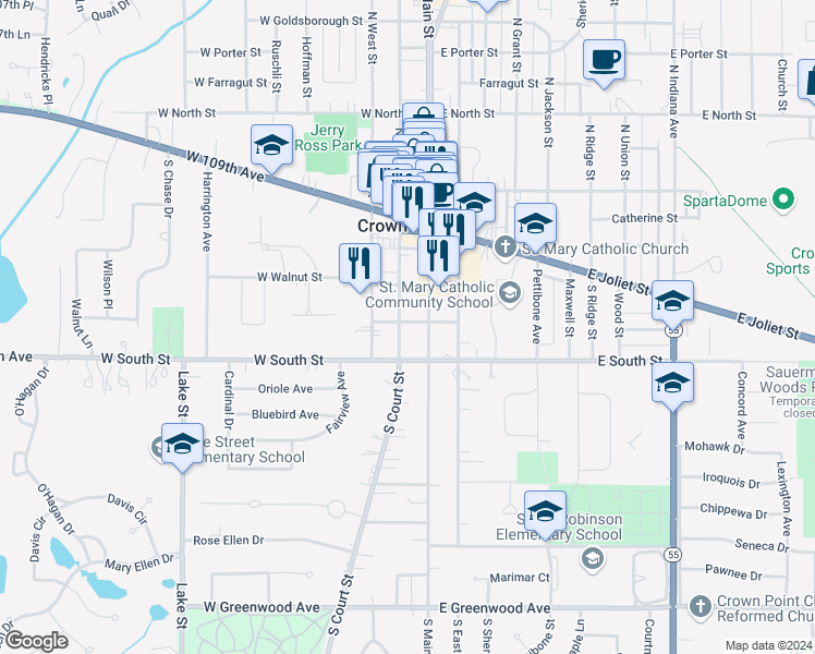 map of restaurants, bars, coffee shops, grocery stores, and more near 349 S Main St in Crown Point