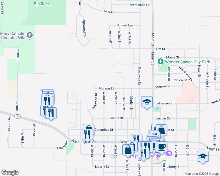 map of restaurants, bars, coffee shops, grocery stores, and more near 1217 West 2nd Street in Pella