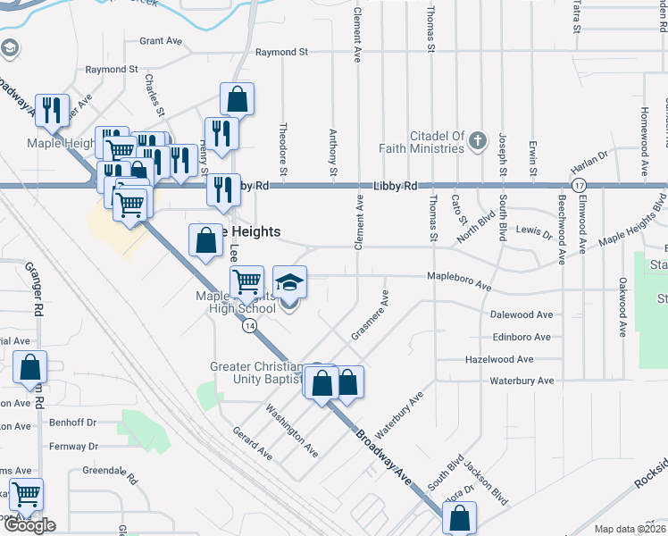 map of restaurants, bars, coffee shops, grocery stores, and more near 17017 Mapleboro Road in Maple Heights