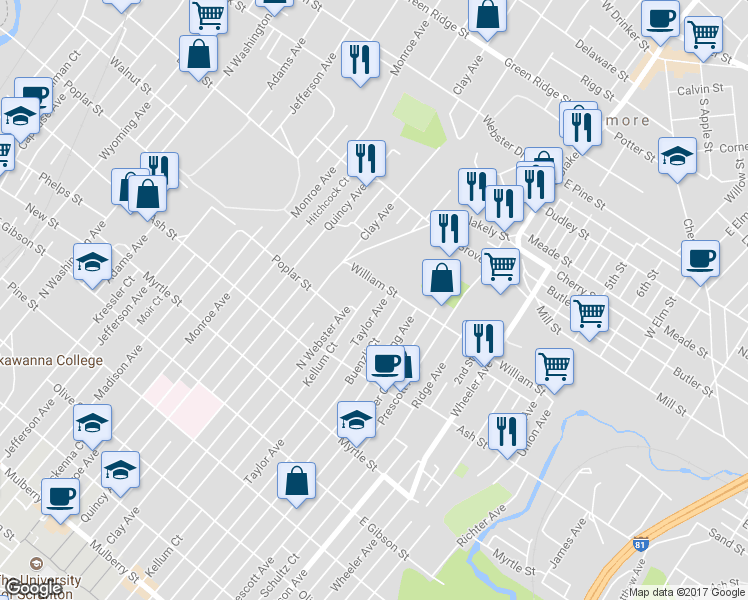 map of restaurants, bars, coffee shops, grocery stores, and more near 1113 Taylor Avenue in Scranton