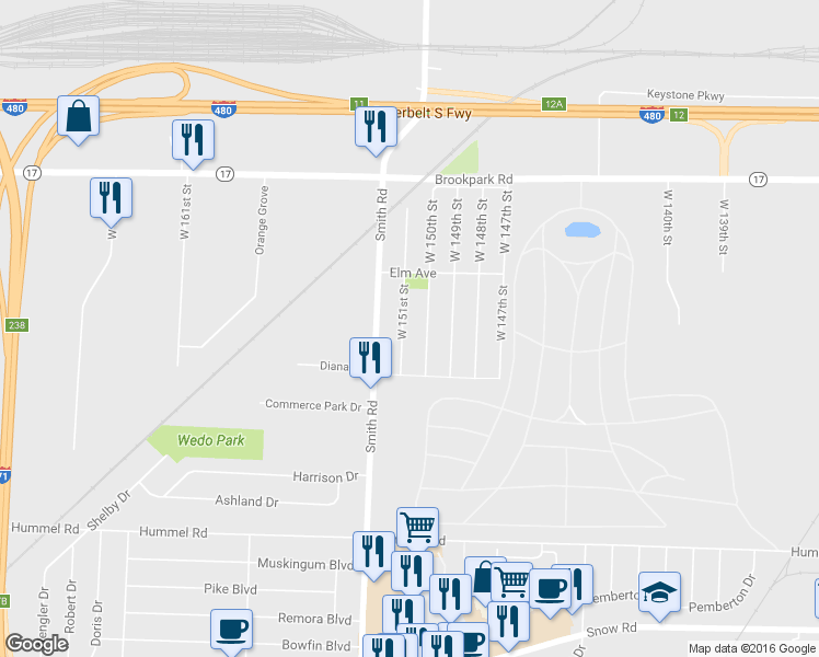map of restaurants, bars, coffee shops, grocery stores, and more near 5303 West 151st Street in Brook Park