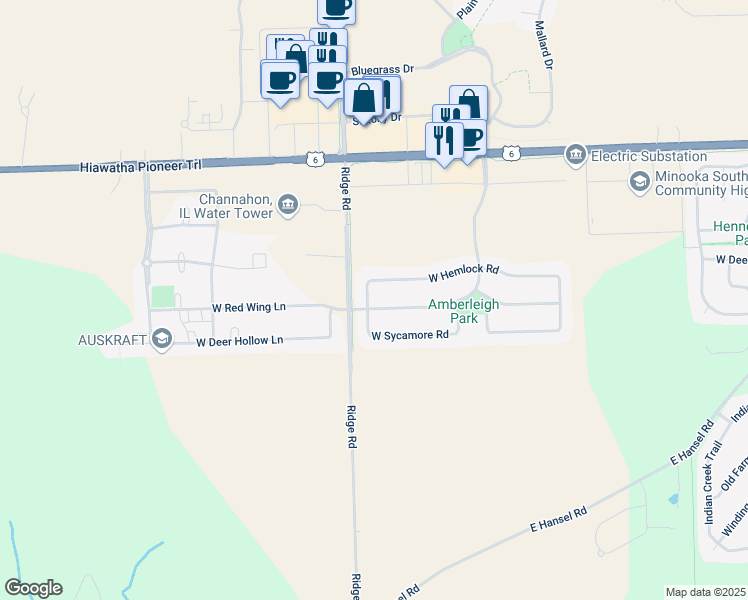 map of restaurants, bars, coffee shops, grocery stores, and more near 25857 South Yellow Pine Drive in Channahon