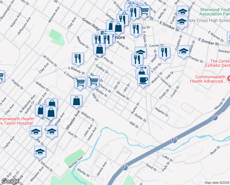 map of restaurants, bars, coffee shops, grocery stores, and more near 607 5th Street in Dunmore