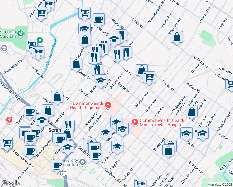map of restaurants, bars, coffee shops, grocery stores, and more near 810 Jefferson Avenue in Scranton
