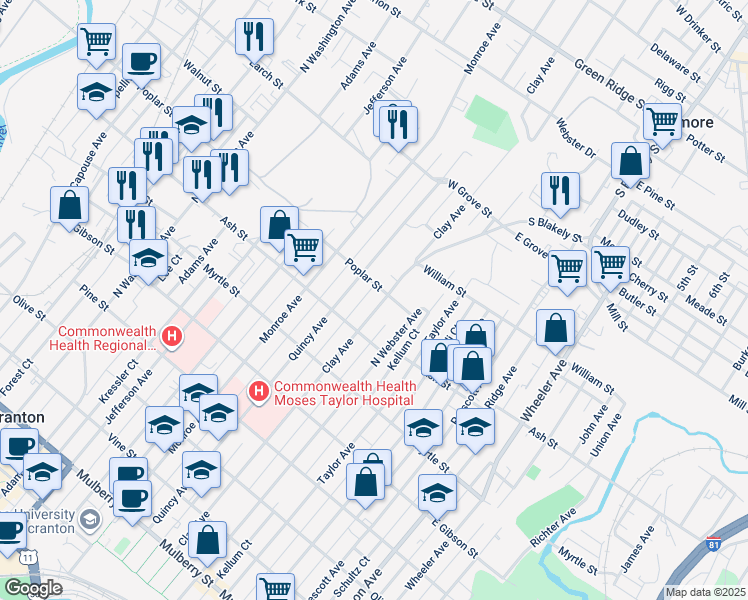map of restaurants, bars, coffee shops, grocery stores, and more near 1028 Clay Avenue in Scranton