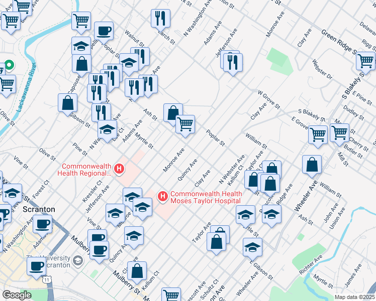 map of restaurants, bars, coffee shops, grocery stores, and more near 935 Quincy Avenue in Scranton