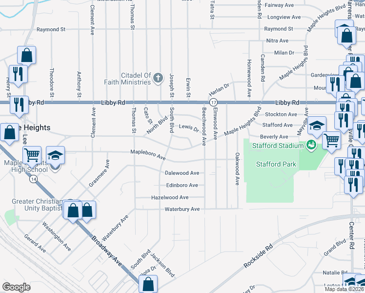 map of restaurants, bars, coffee shops, grocery stores, and more near 18324 Maple Heights Boulevard in Maple Heights