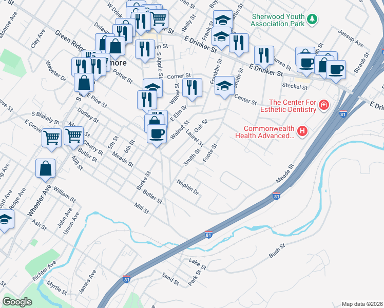 map of restaurants, bars, coffee shops, grocery stores, and more near 427 Smith Street in Dunmore