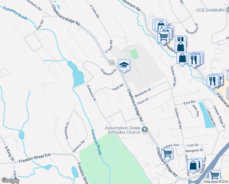 map of restaurants, bars, coffee shops, grocery stores, and more near 6 Crest Road in Danbury