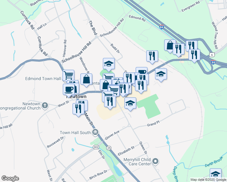 map of restaurants, bars, coffee shops, grocery stores, and more near in Newtown