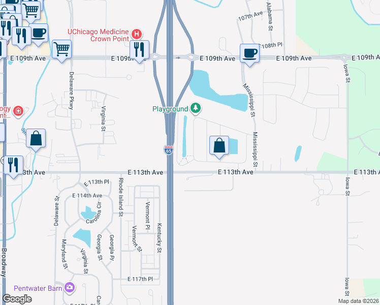map of restaurants, bars, coffee shops, grocery stores, and more near 1205 East 112th Avenue in Crown Point