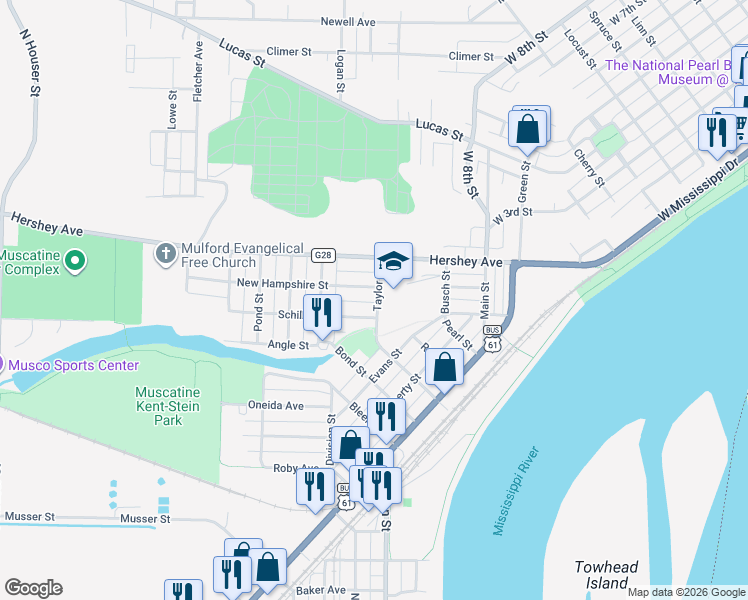 map of restaurants, bars, coffee shops, grocery stores, and more near 301-399 Taylor Street in Muscatine