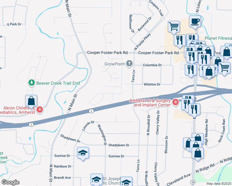 map of restaurants, bars, coffee shops, grocery stores, and more near 107 Springvale Drive in Amherst