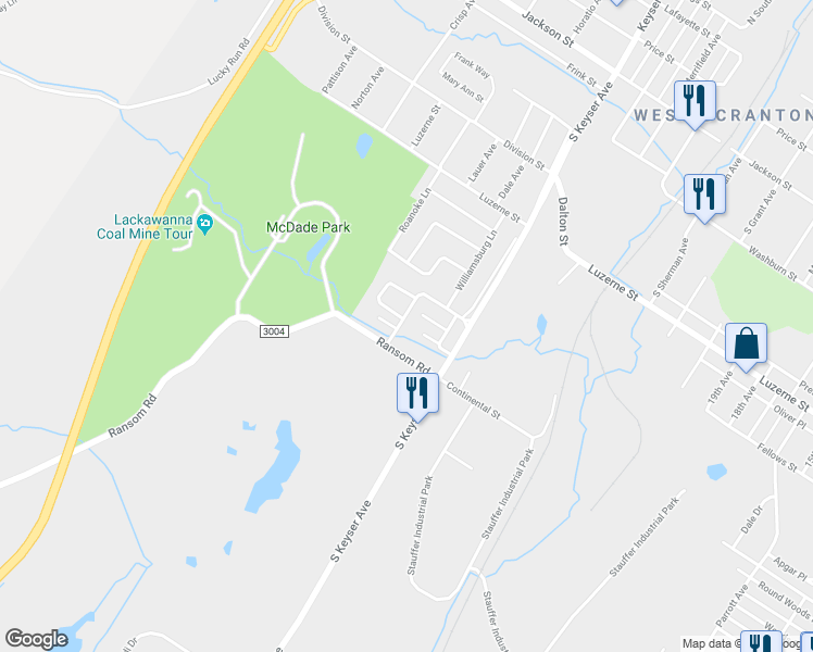 map of restaurants, bars, coffee shops, grocery stores, and more near 307 Park Edge Lane in Scranton