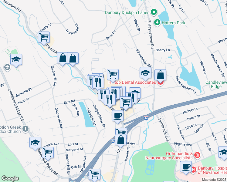 map of restaurants, bars, coffee shops, grocery stores, and more near 1 Padanaram Road in Danbury