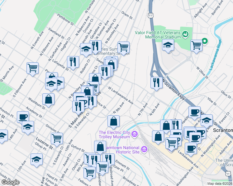map of restaurants, bars, coffee shops, grocery stores, and more near 235 Saint Frances Cabrini Avenue in Scranton