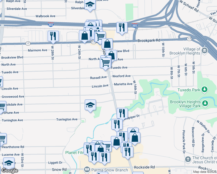 map of restaurants, bars, coffee shops, grocery stores, and more near 2008 Grovewood Avenue in Parma