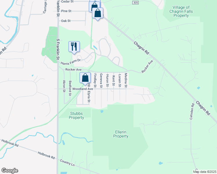 map of restaurants, bars, coffee shops, grocery stores, and more near 7235 Woodland Avenue in Chagrin Falls
