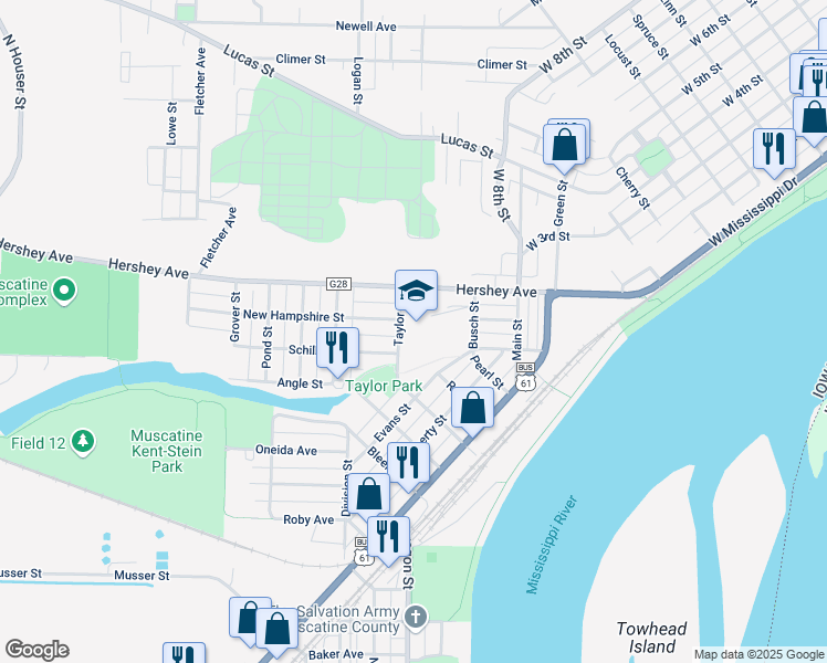map of restaurants, bars, coffee shops, grocery stores, and more near 210 Taylor Street in Muscatine