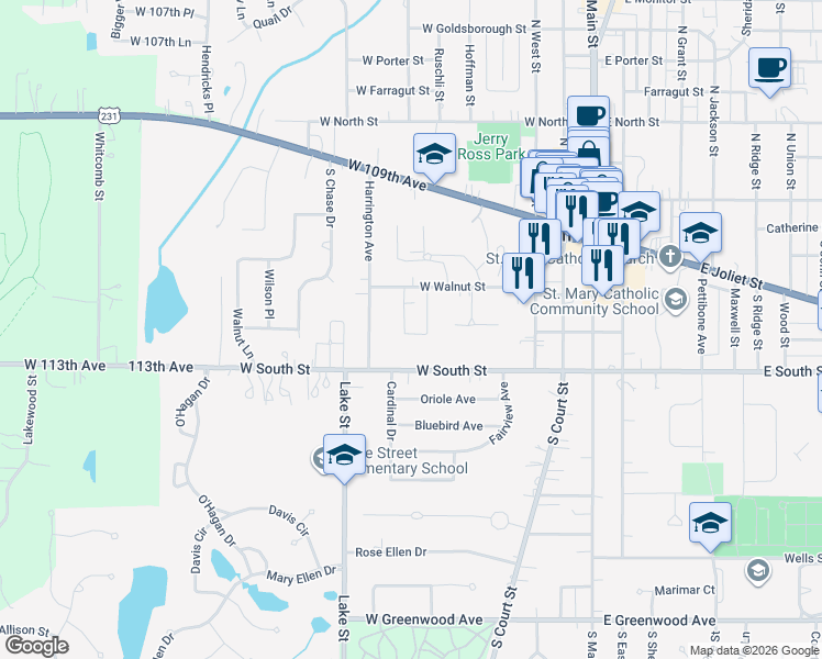 map of restaurants, bars, coffee shops, grocery stores, and more near 610 W South St in Crown Point