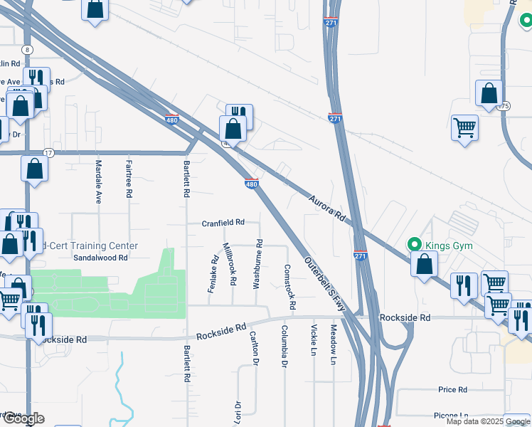 map of restaurants, bars, coffee shops, grocery stores, and more near 5387 Washburne Road in Bedford Heights