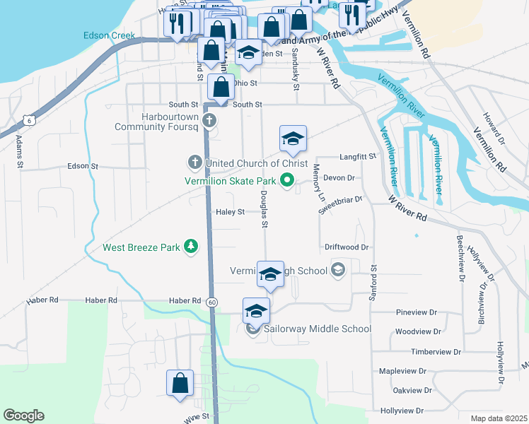 map of restaurants, bars, coffee shops, grocery stores, and more near Douglas Street in Vermilion