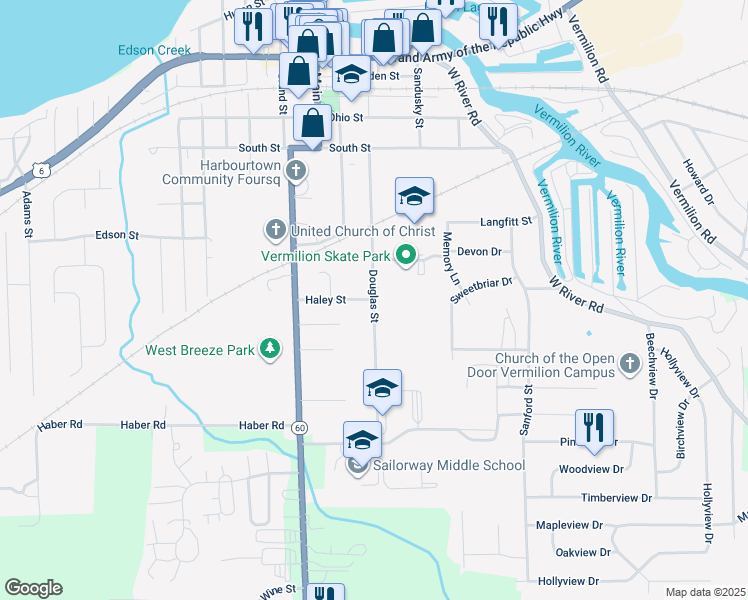 map of restaurants, bars, coffee shops, grocery stores, and more near Douglas Street in Vermilion