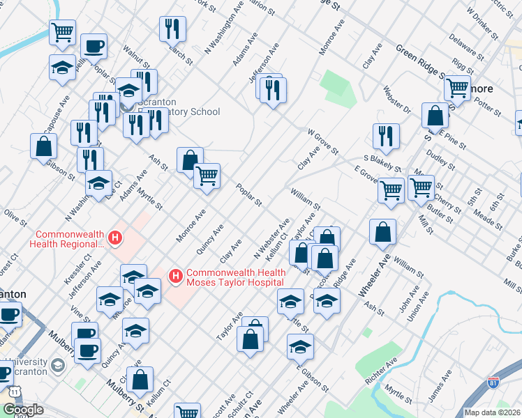 map of restaurants, bars, coffee shops, grocery stores, and more near 1047 Clay Avenue in Scranton