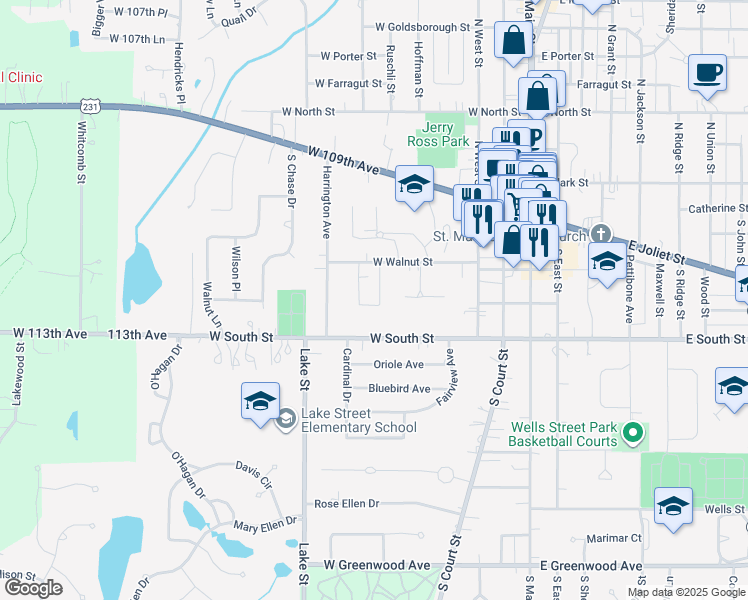 map of restaurants, bars, coffee shops, grocery stores, and more near 11 Walnut Parkway in Crown Point