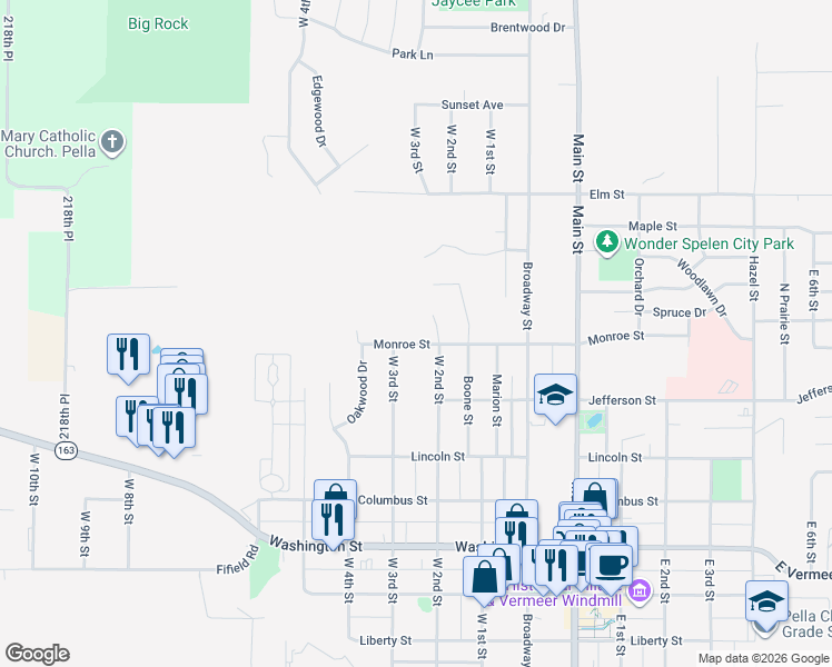 map of restaurants, bars, coffee shops, grocery stores, and more near 1316 West 2nd Street in Pella